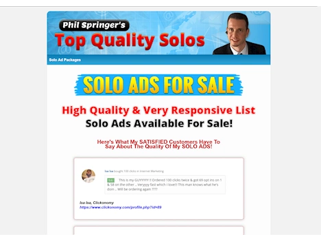 Screenshot of solo ad seller's website